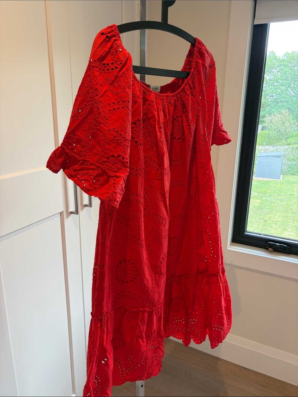 Bright Red Eyelet Dress with Puff Sleeves - Picture 6 of 8